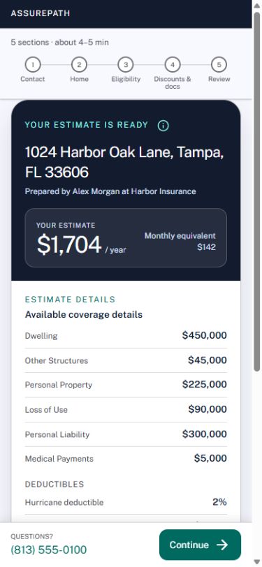 AssurePath showing a sample homeowner estimate, coverage details, and next steps