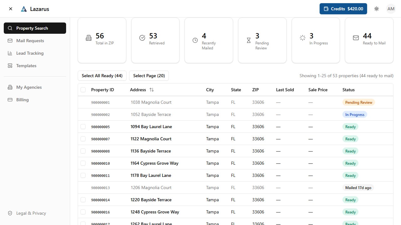 Lazarus Property Search showing matching homes and mailing availability